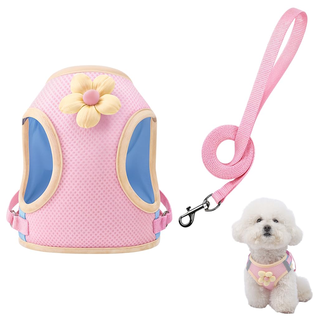 Qpets® Cat Harness Vest with 59 inch Leash Pink Flower Harness Vest Breathable Mesh Harness Vest with Quick Release Buckle 360 ° Swivel Hook Design No Tangle Cat Leash, M Qpets® Cat Harness Vest with 59 inch Leash Pink Flower Harness Vest Breathable Mesh Harness Vest with Quick Release Buckle 360 ° Swivel Hook Design No Tangle Cat Leash, M
